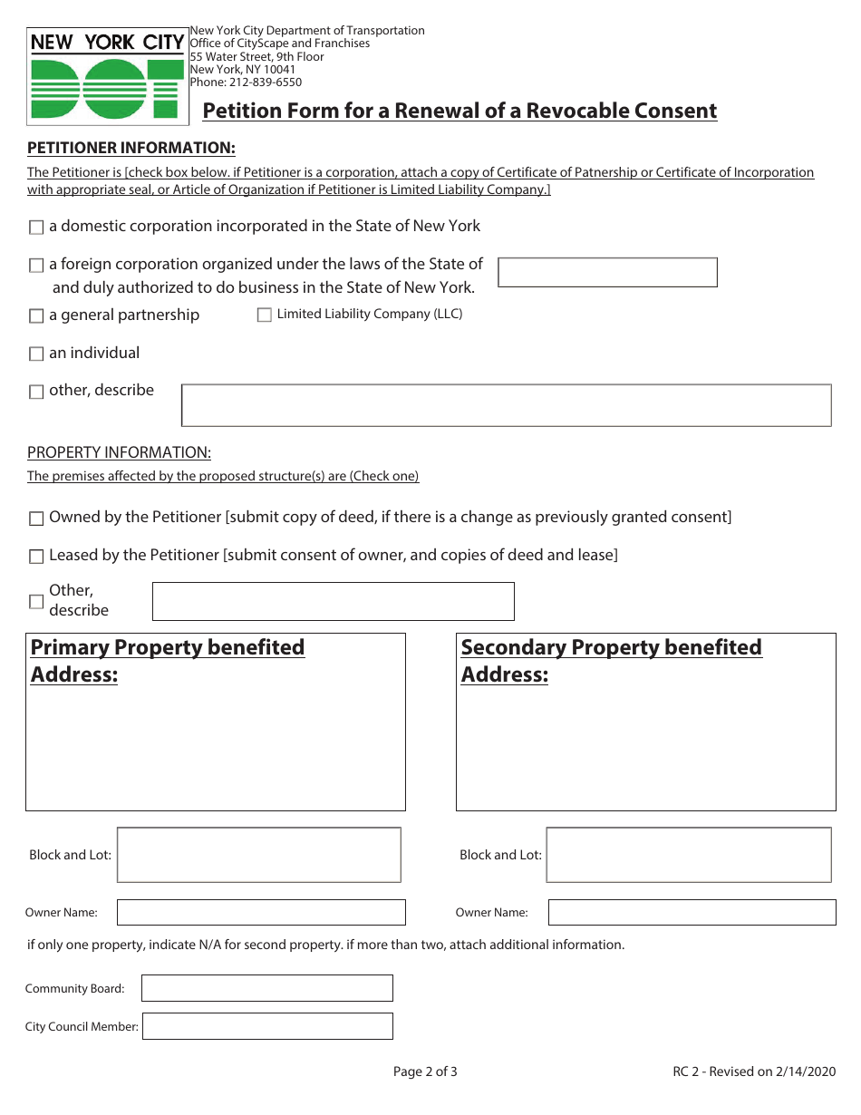 Form RC2 Petition Form for a Renewal of a Revocable Consent - New York City, Page 2
