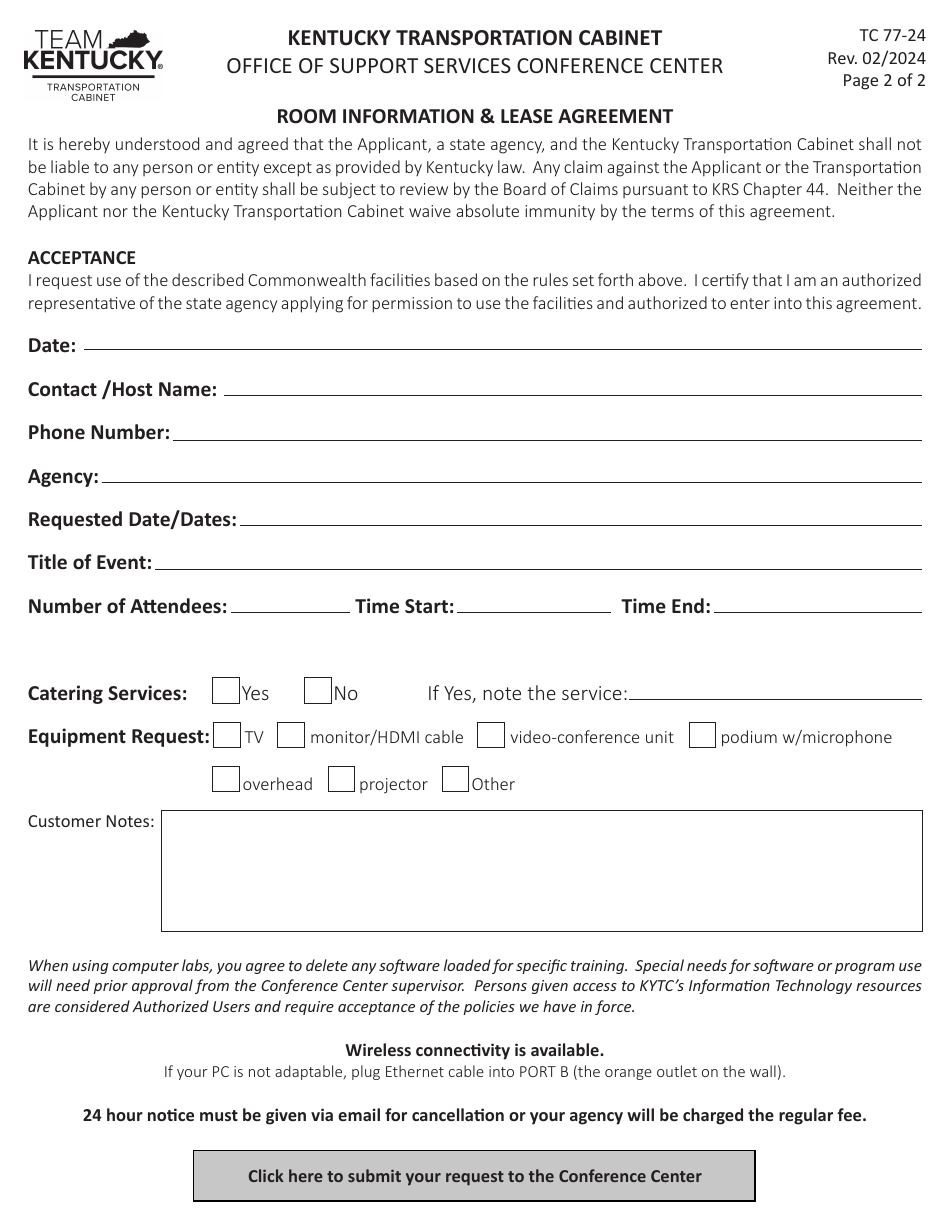 Form TC77-24 Room Information  Lease Agreement - Kentucky, Page 2