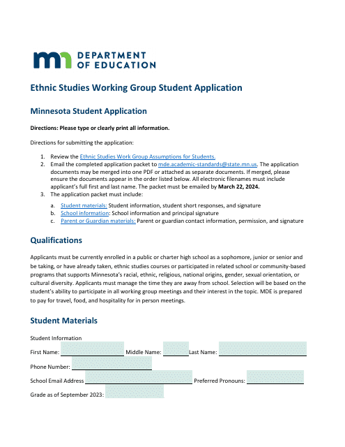 Ethnic Studies Working Group Student Application - Minnesota Download Pdf