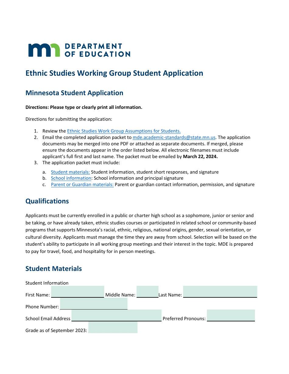 Ethnic Studies Working Group Student Application - Minnesota, Page 1