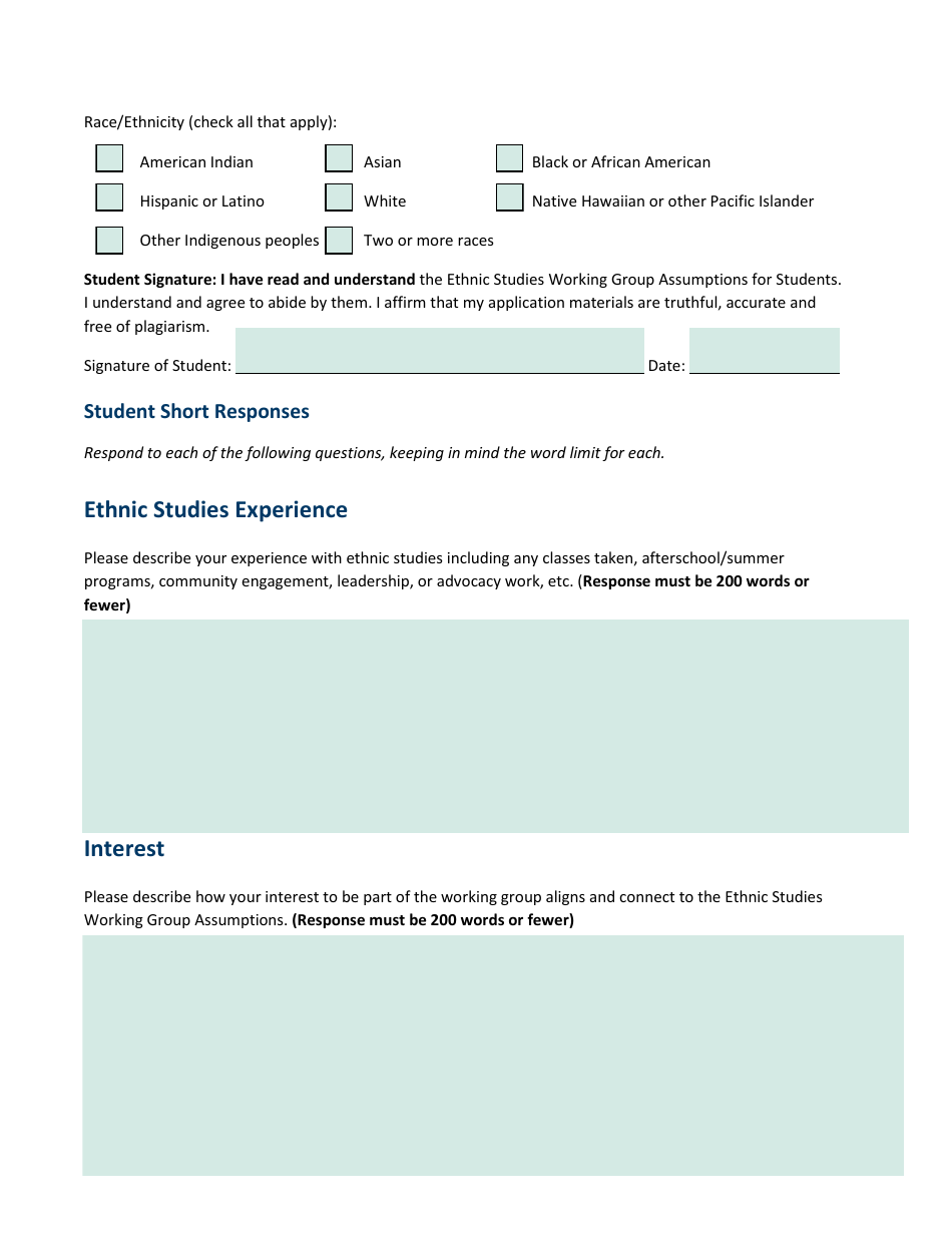 Ethnic Studies Working Group Student Application - Minnesota, Page 2