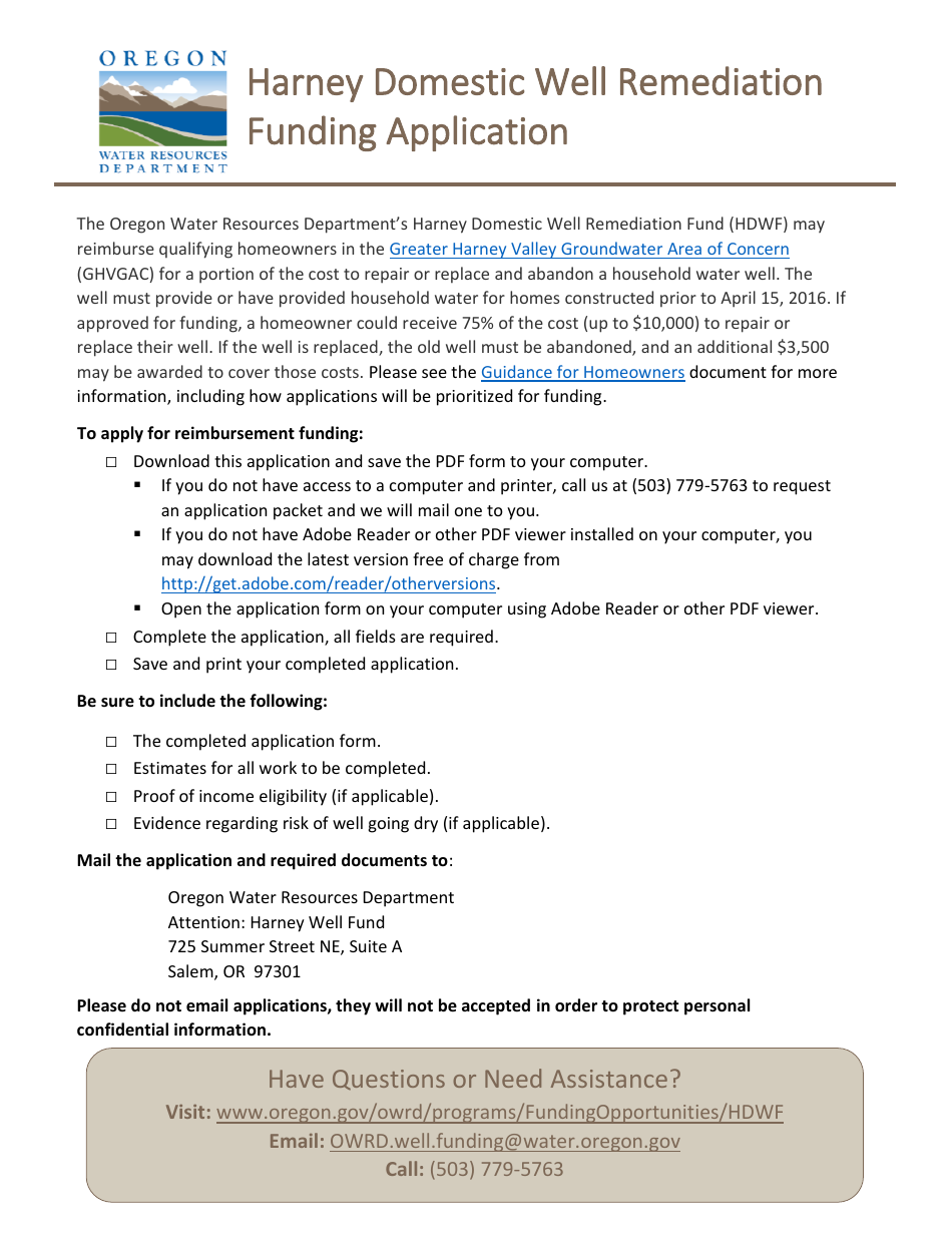 Harney Domestic Well Remediation Funding Application - Oregon, Page 1