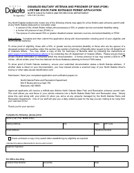 Document preview: Form SFN61591 Disabled Military Veteran and Prisoner of War (Pow) Lifetime State Park Entrance Permit Application - North Dakota