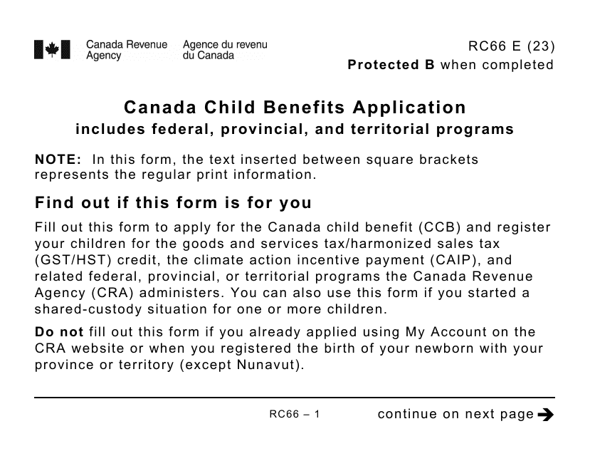 Form RC66 Canada Child Benefits Application (Includes Federal, Provincial, and Territorial Programs) - Large Print - Canada