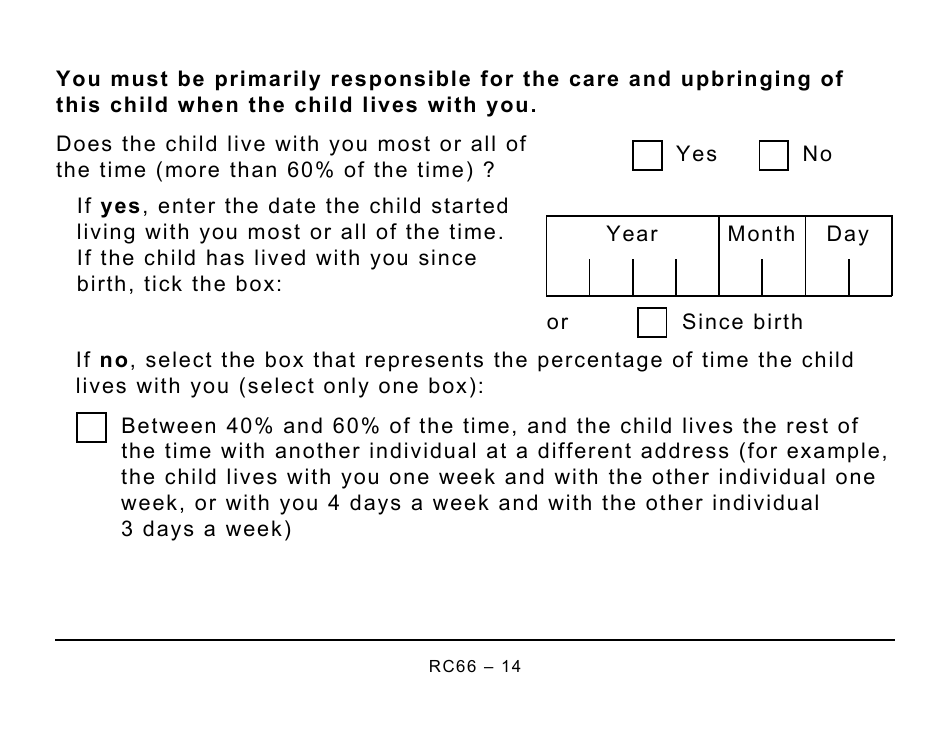 Form RC66 Canada Child Benefits Application (Includes Federal, Provincial, and Territorial Programs) - Large Print - Canada, Page 14