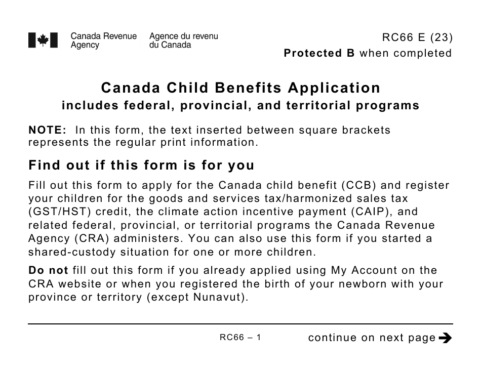 Form RC66 Canada Child Benefits Application (Includes Federal, Provincial, and Territorial Programs) - Large Print - Canada, Page 1