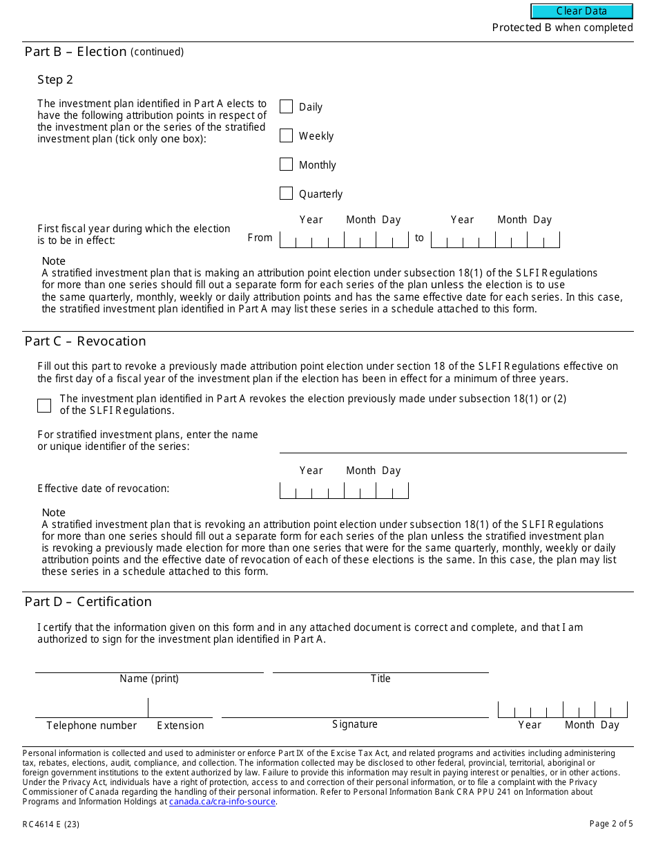 Form RC4614 Gst / Hst Attribution Point Election or Revocation of the Election for a Selected Listed Financial Institution - Canada, Page 2