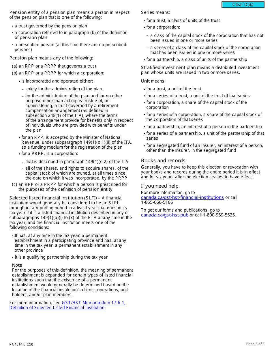 Form RC4614 Gst / Hst Attribution Point Election or Revocation of the Election for a Selected Listed Financial Institution - Canada, Page 5