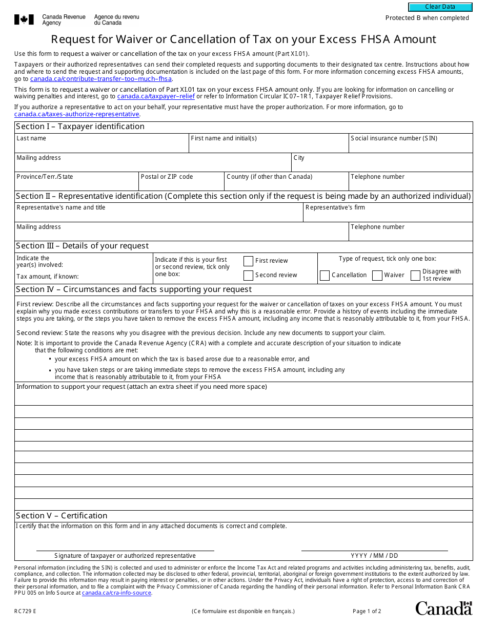 Form RC729 Request for Waiver or Cancellation of Tax on Your Excess Fhsa Amount - Canada, Page 1