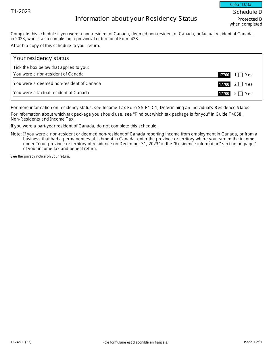 Form T1248 Schedule D Information About Your Residency Status - Canada, Page 1