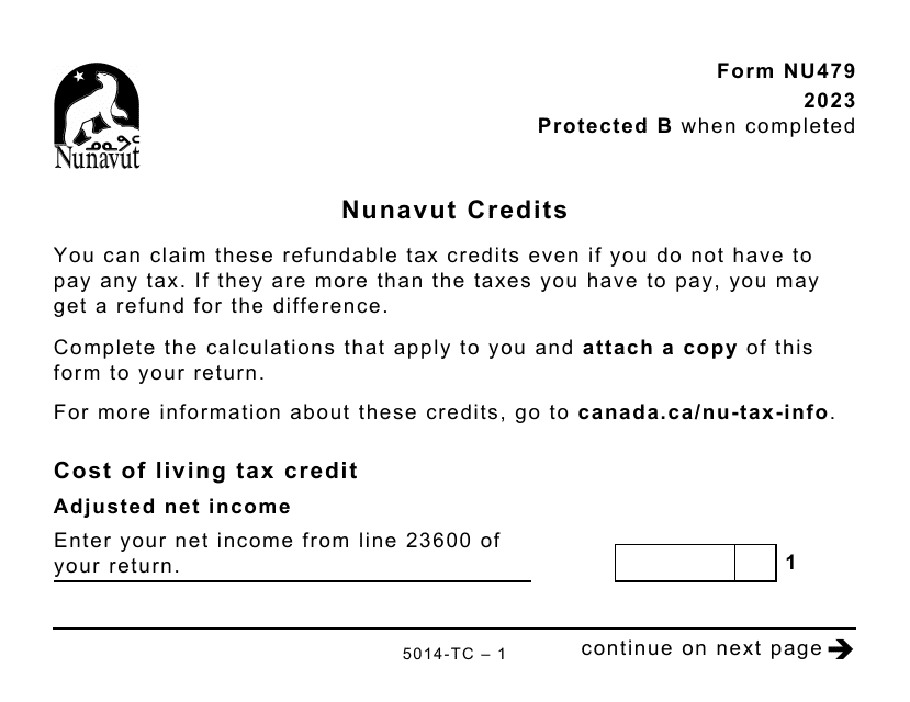 Form 5014-TC (NU479) Nunavut Credits - Large Print - Canada, 2023