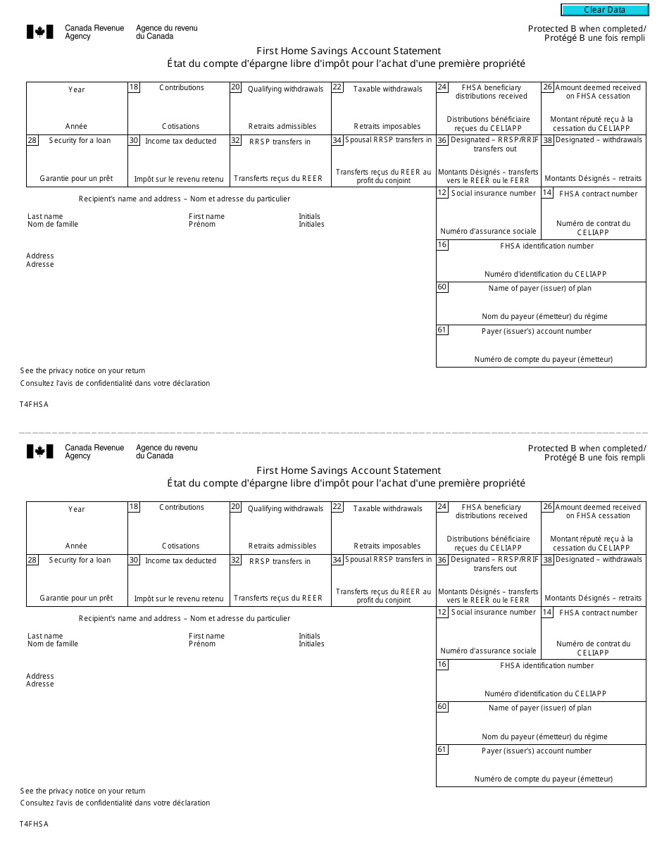 Form T4FHSA First Home Savings Account Statement - Canada (English / French), Page 1