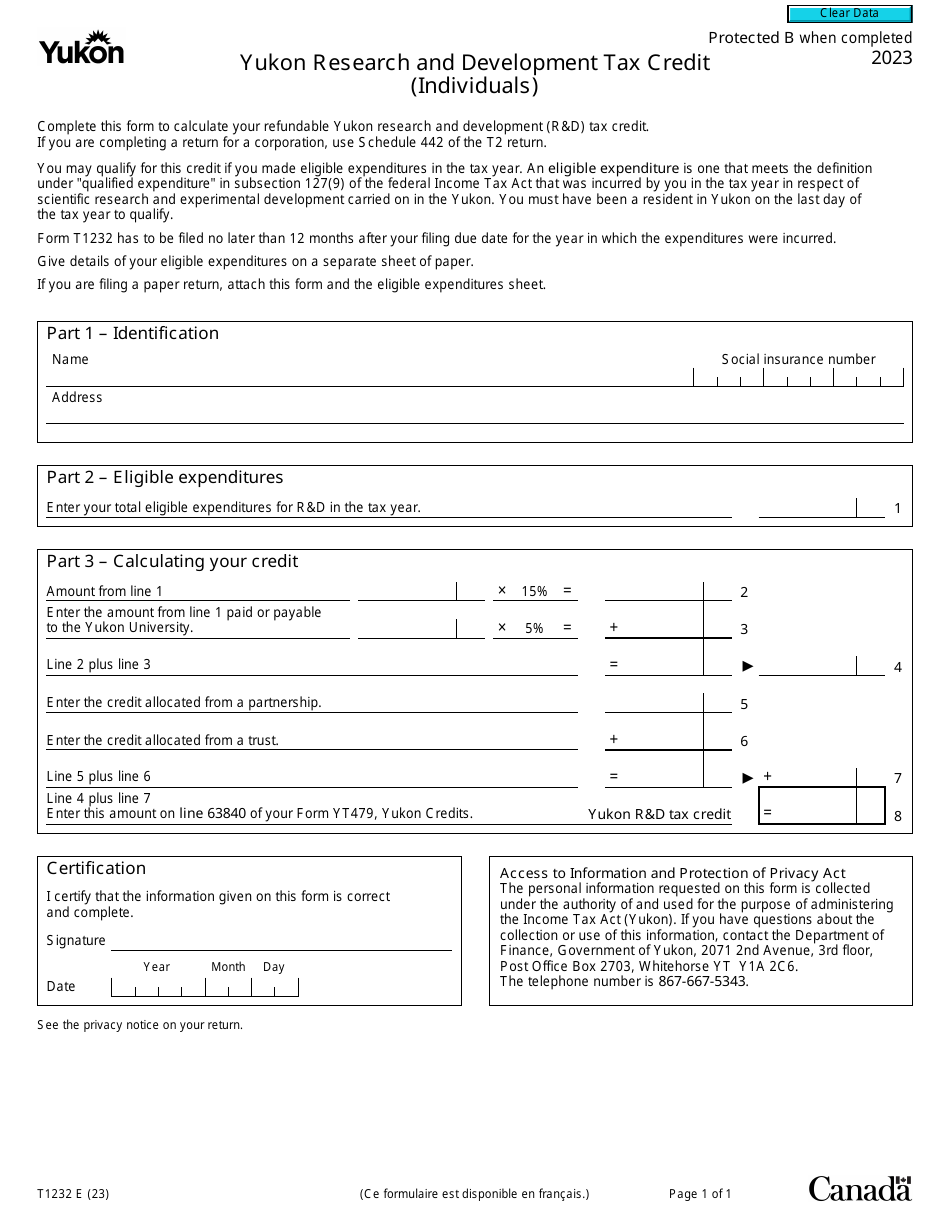 Form T1232 Yukon Research and Development Tax Credit (Individuals) - Canada, Page 1