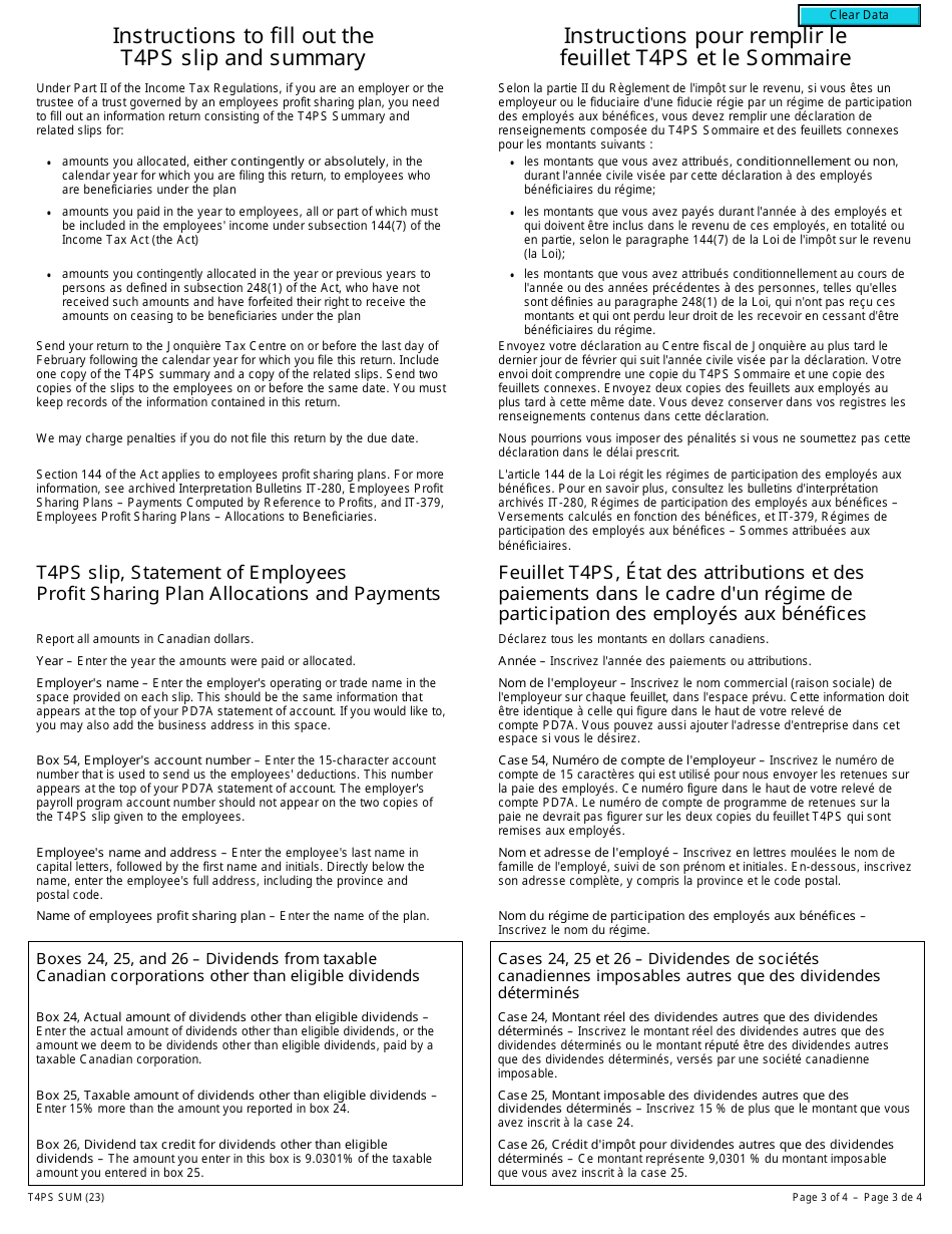 Form T4PS SUM Employees Profit Sharing Plan Allocations and Payments - Canada (English / French), Page 3