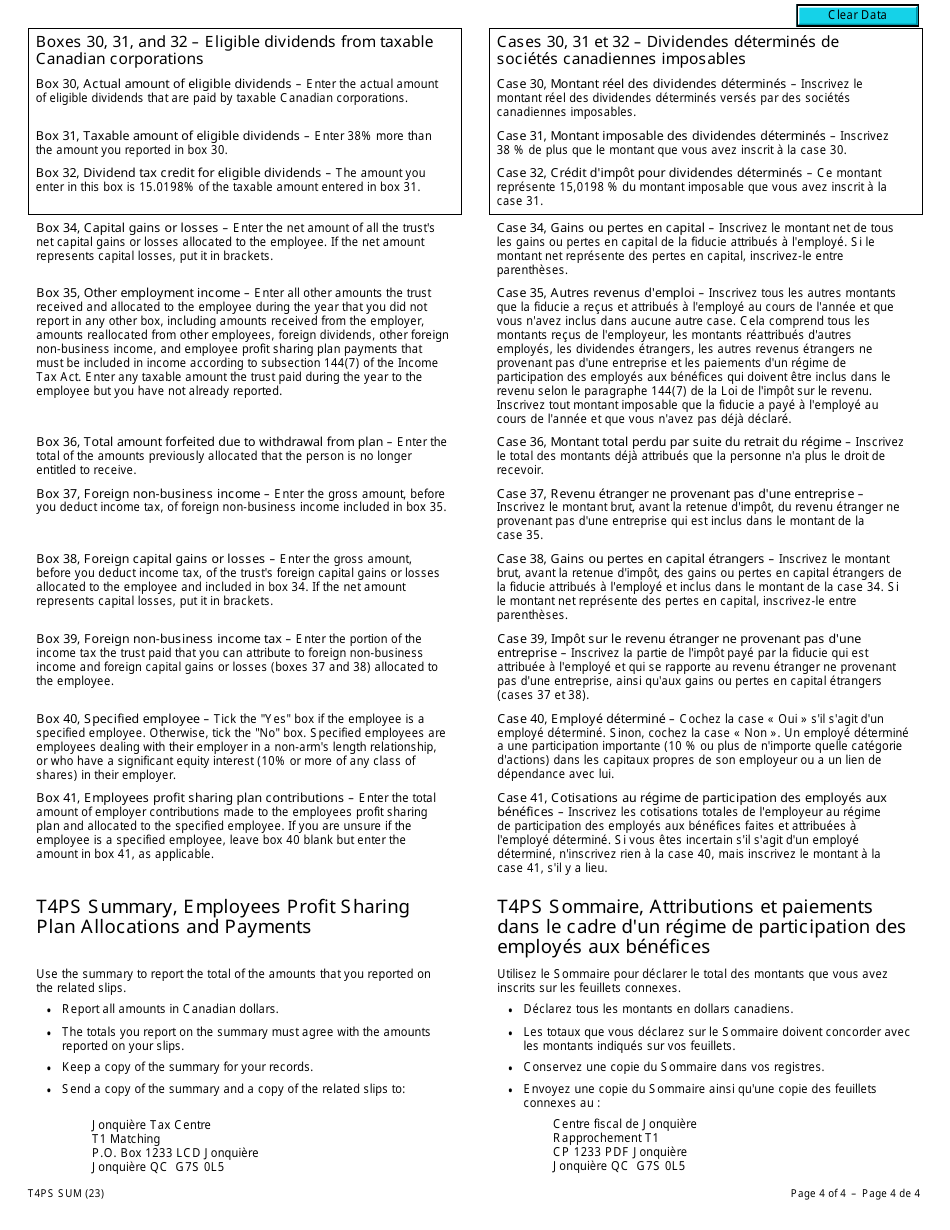 Form T4PS SUM Employees Profit Sharing Plan Allocations and Payments - Canada (English / French), Page 4