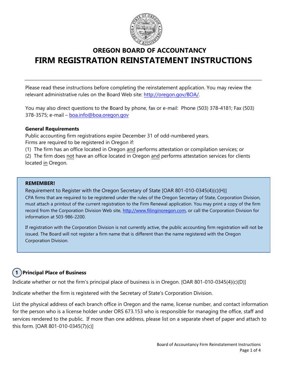 Firm Reinstatement - Oregon, Page 1