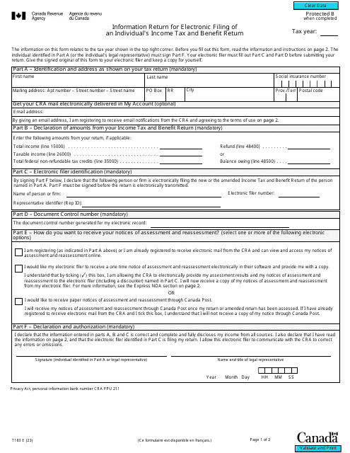 Form T183 Information Return for Electronic Filing of an Individual's Income Tax and Benefit Return - Canada
