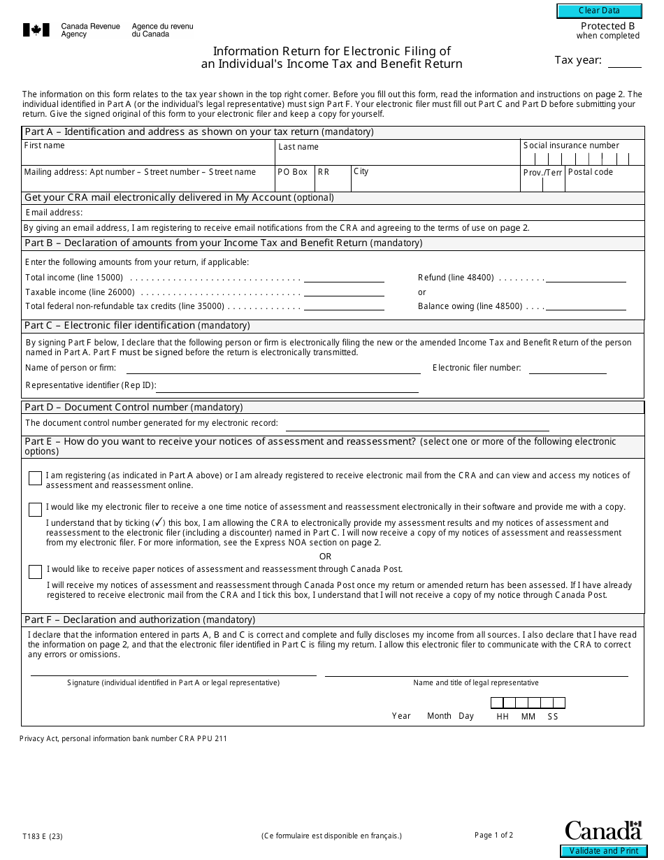 Form T183 Information Return for Electronic Filing of an Individuals Income Tax and Benefit Return - Canada, Page 1