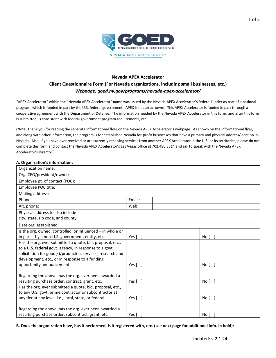 Nevada Apex Accelerator Client Questionnaire Form (For Nevada Organizations, Including Small Businesses, Etc.) - Nevada, Page 1