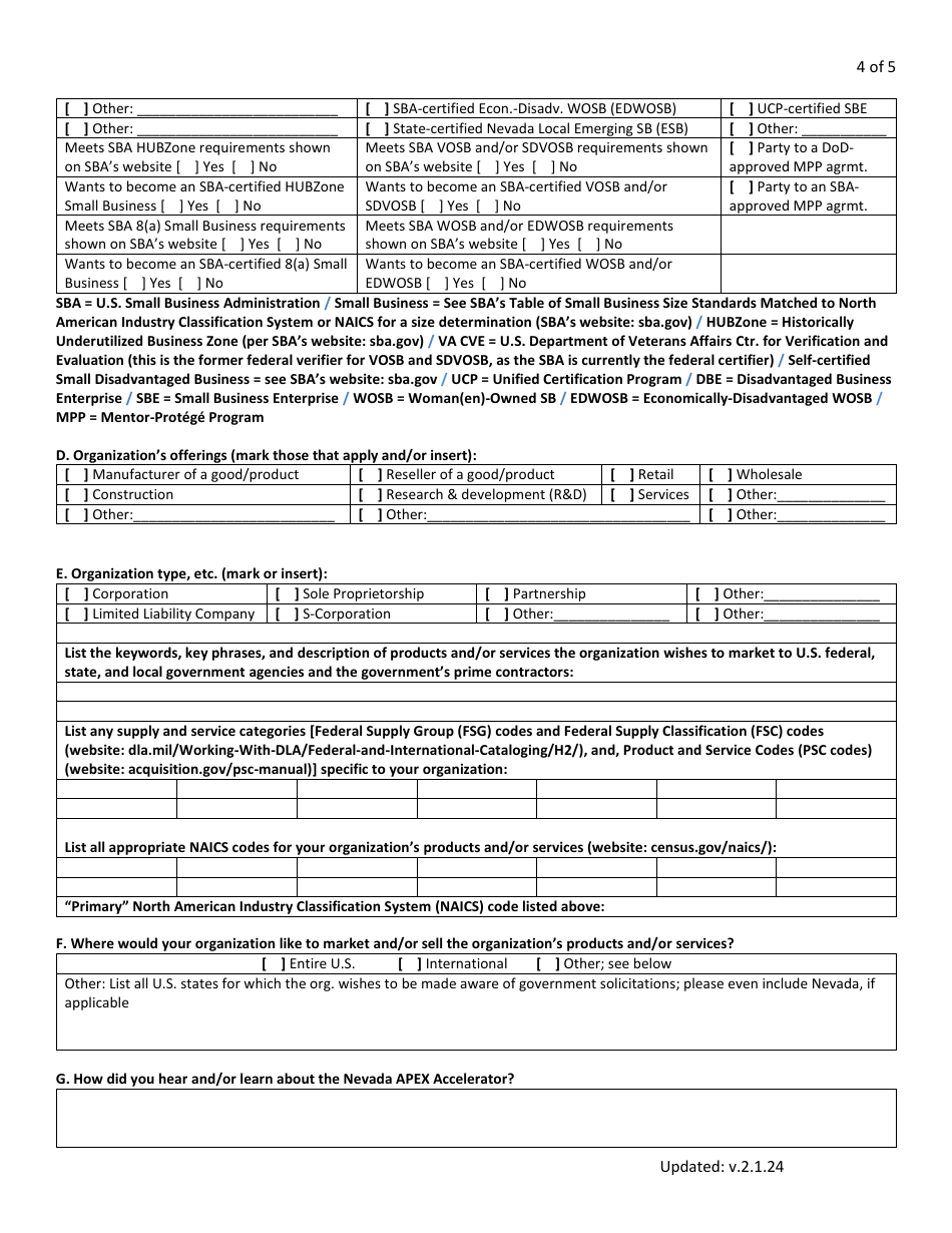 Nevada Apex Accelerator Client Questionnaire Form (For Nevada Organizations, Including Small Businesses, Etc.) - Nevada, Page 4