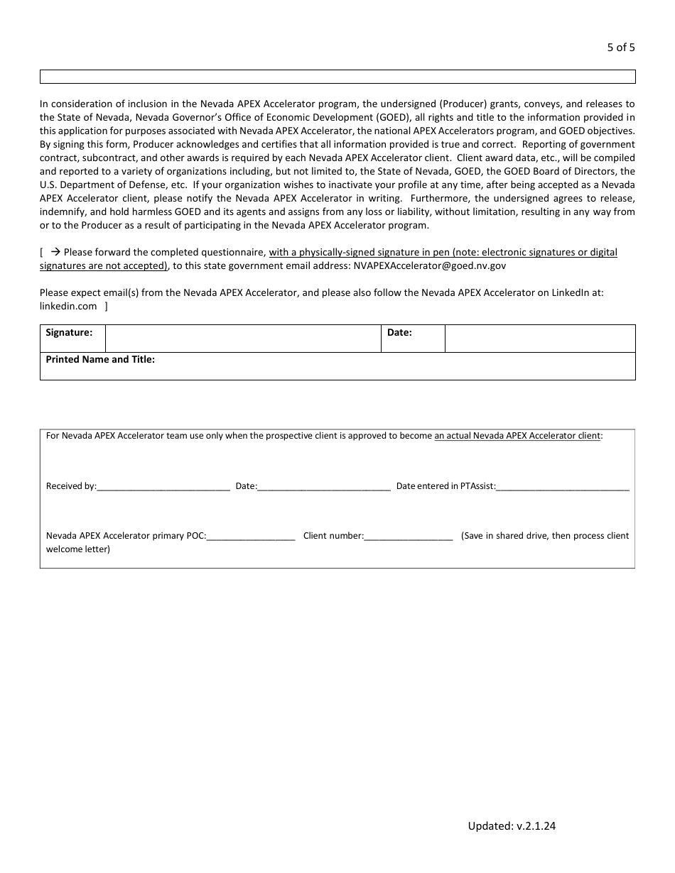 Nevada Apex Accelerator Client Questionnaire Form (For Nevada Organizations, Including Small Businesses, Etc.) - Nevada, Page 5