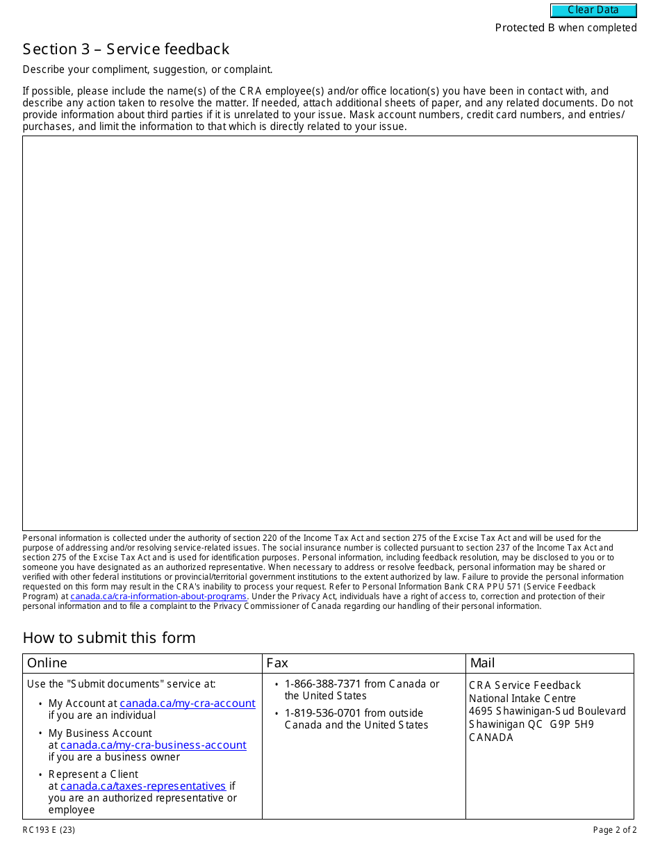 Form RC193 Service Feedback - Canada, Page 2
