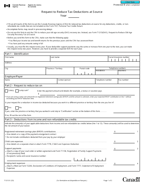 Form T1213 Request to Reduce Tax Deductions at Source - Canada