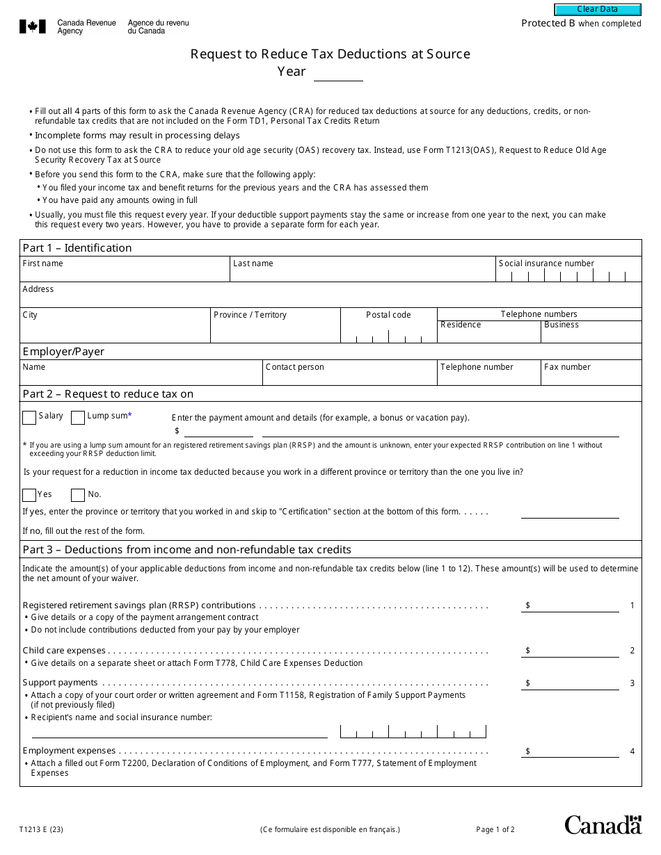 Form T1213 Request to Reduce Tax Deductions at Source - Canada, Page 1