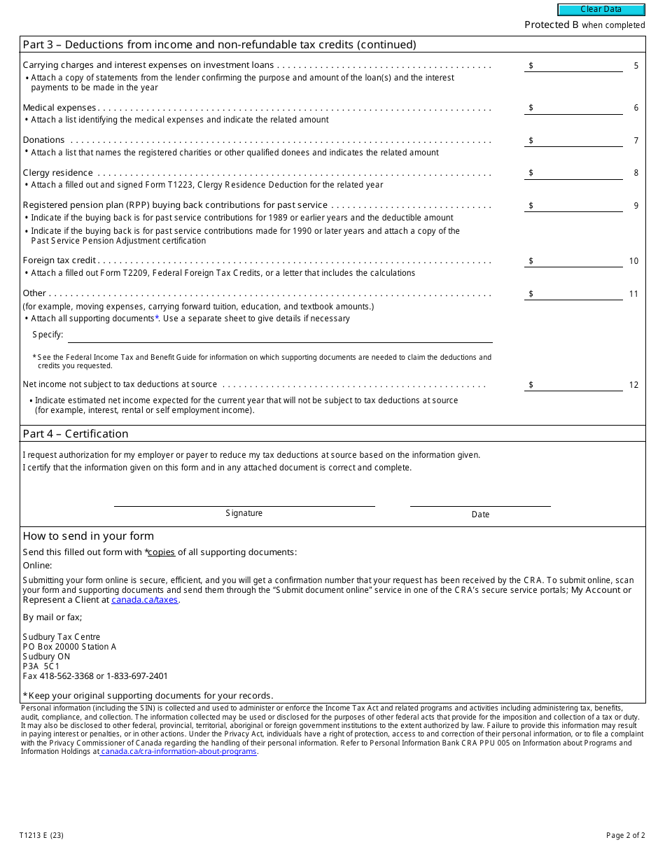 Form T1213 Request to Reduce Tax Deductions at Source - Canada, Page 2