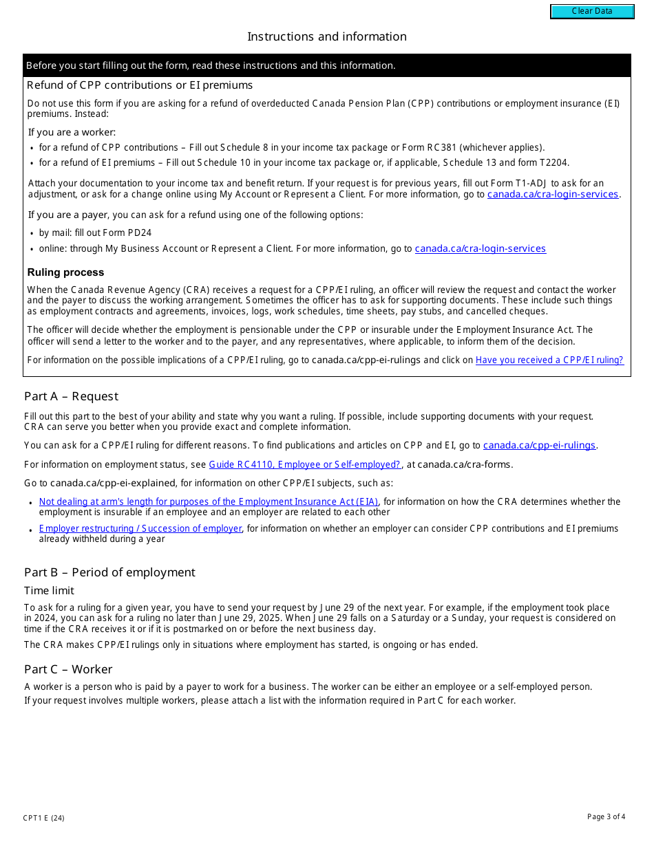 Form CPT1 Request for a Cpp / Ei Ruling - Employee or Self-employed - Canada, Page 3