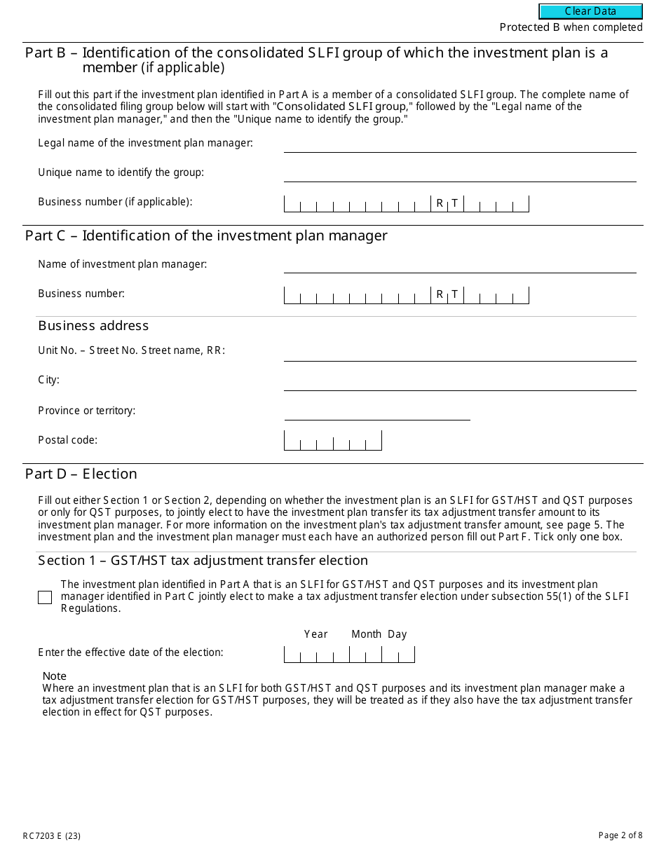 Form RC7203 Tax Adjustment Transfer Election or Notice of Revocation for a Selected Listed Financial Institution for Gst / Hst and Qst Purposes or Only for Qst Purposes - Canada, Page 2