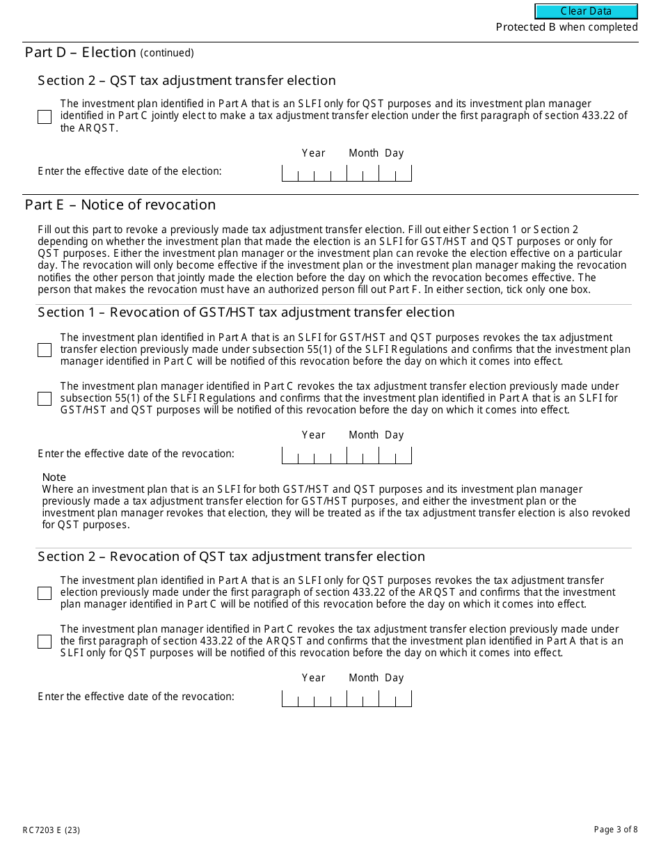 Form RC7203 Tax Adjustment Transfer Election or Notice of Revocation for a Selected Listed Financial Institution for Gst / Hst and Qst Purposes or Only for Qst Purposes - Canada, Page 3
