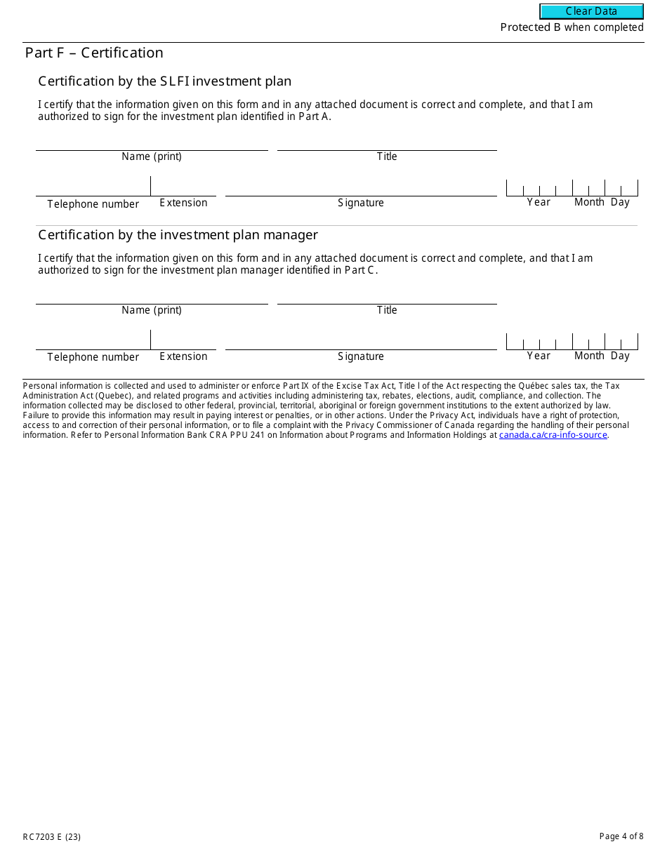 Form RC7203 Tax Adjustment Transfer Election or Notice of Revocation for a Selected Listed Financial Institution for Gst / Hst and Qst Purposes or Only for Qst Purposes - Canada, Page 4