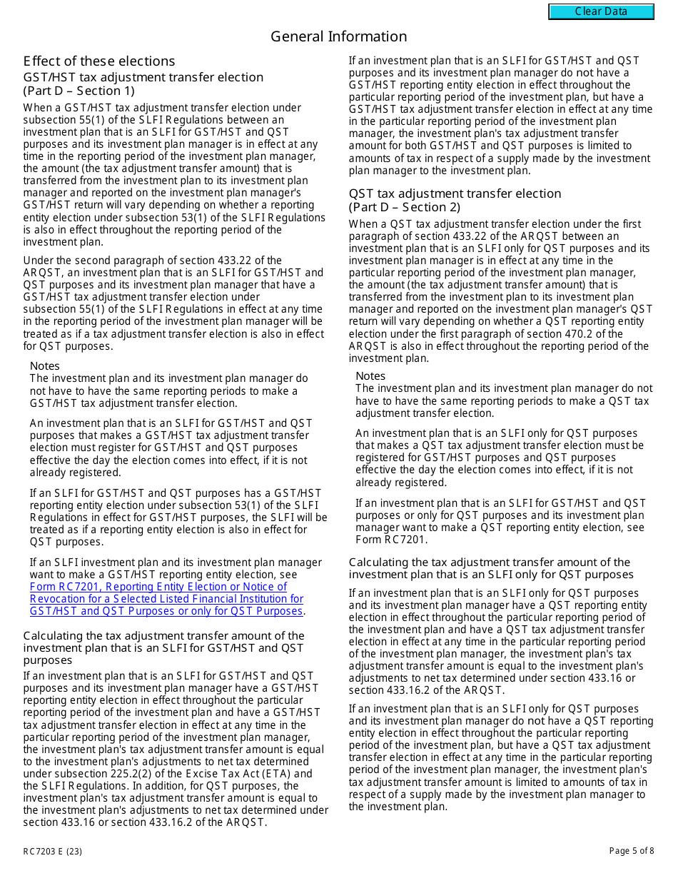 Form RC7203 Tax Adjustment Transfer Election or Notice of Revocation for a Selected Listed Financial Institution for Gst / Hst and Qst Purposes or Only for Qst Purposes - Canada, Page 5