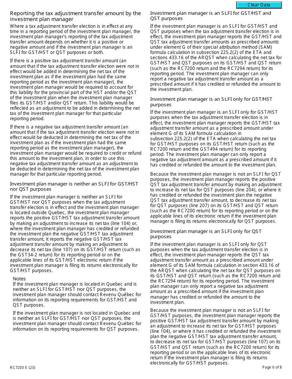 Form RC7203 Tax Adjustment Transfer Election or Notice of Revocation for a Selected Listed Financial Institution for Gst / Hst and Qst Purposes or Only for Qst Purposes - Canada, Page 6
