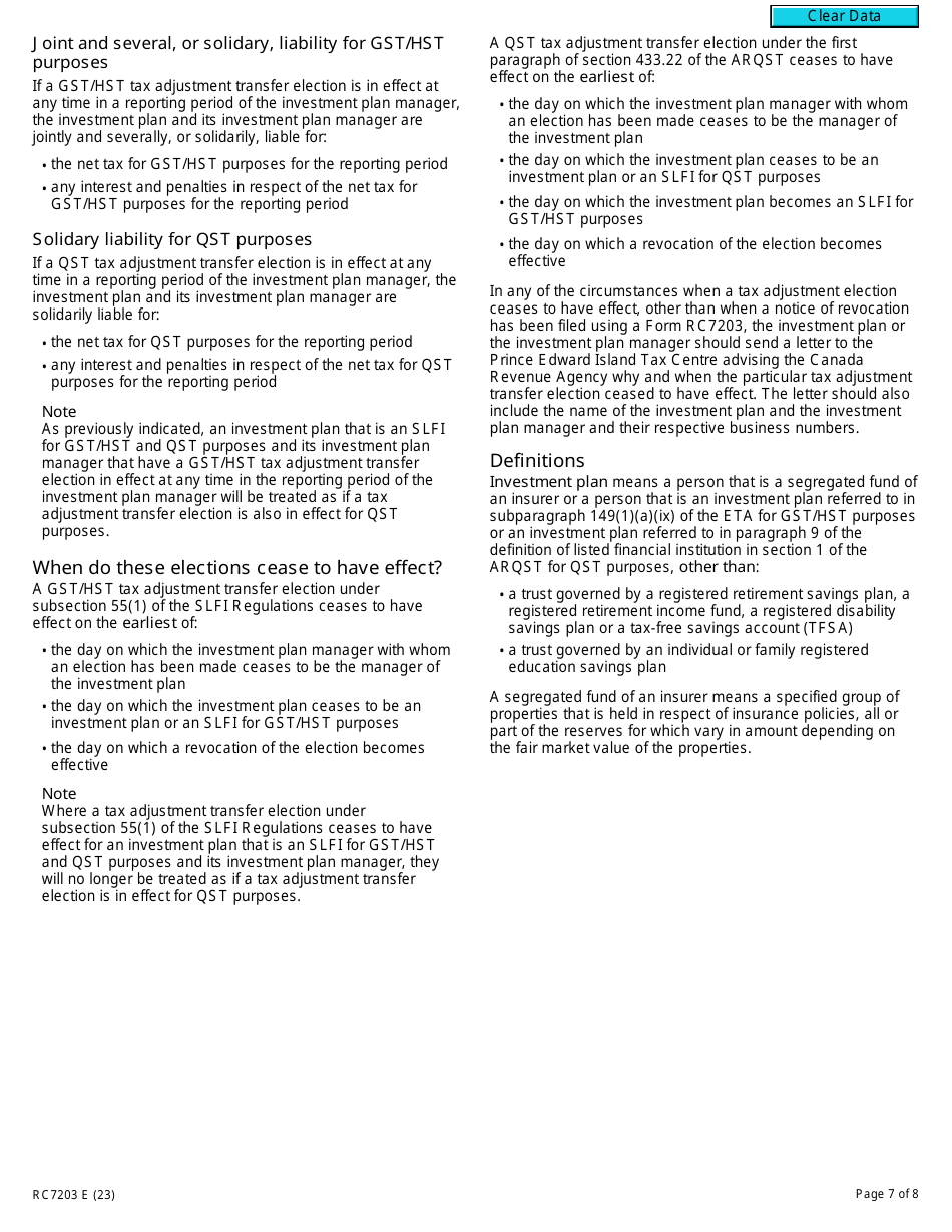 Form RC7203 Tax Adjustment Transfer Election or Notice of Revocation for a Selected Listed Financial Institution for Gst / Hst and Qst Purposes or Only for Qst Purposes - Canada, Page 7