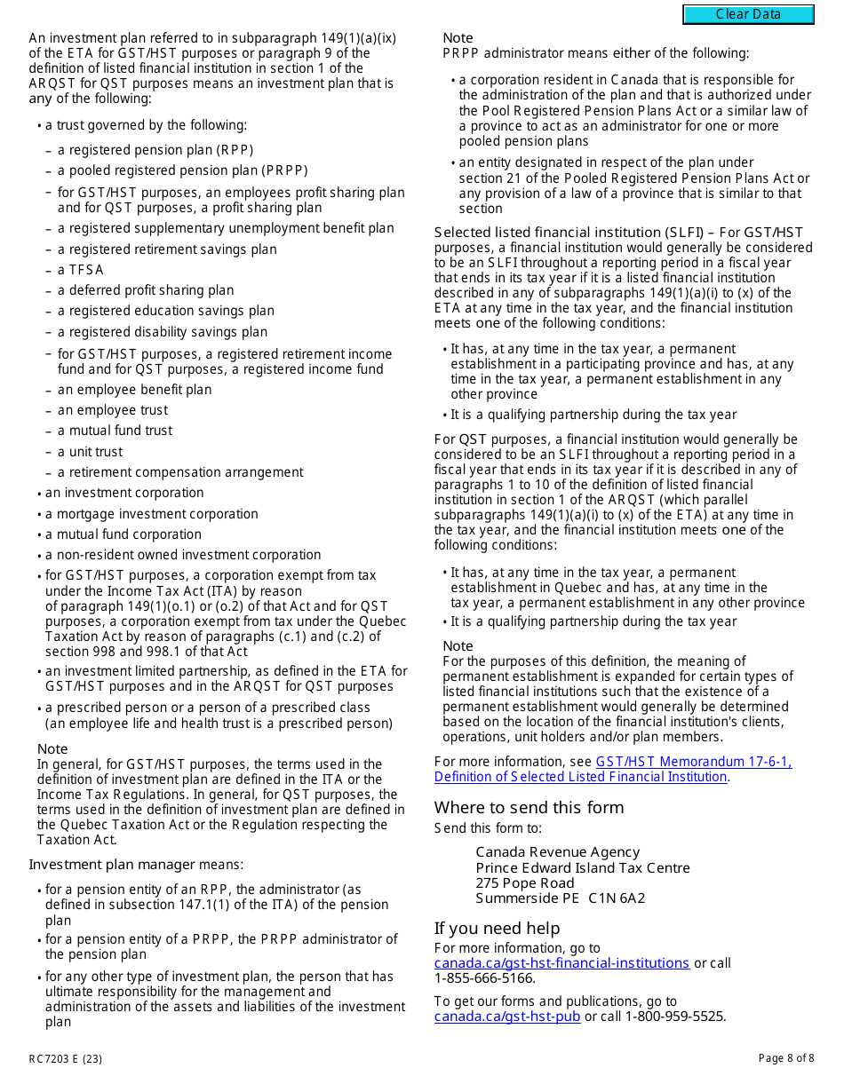 Form RC7203 Tax Adjustment Transfer Election or Notice of Revocation for a Selected Listed Financial Institution for Gst / Hst and Qst Purposes or Only for Qst Purposes - Canada, Page 8