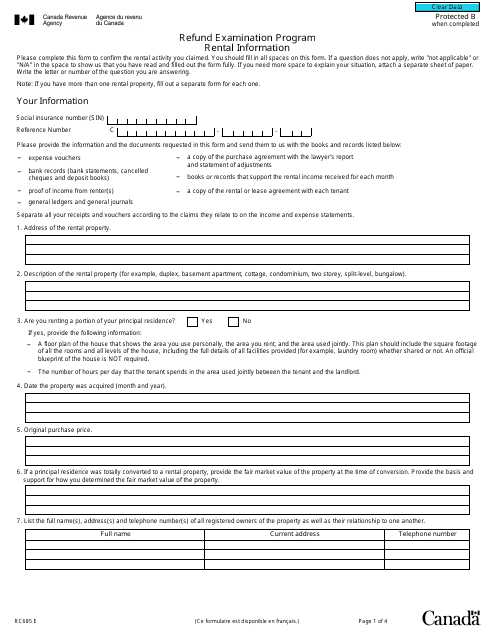 Form RC685 Rental Information - Refund Examination Program - Canada