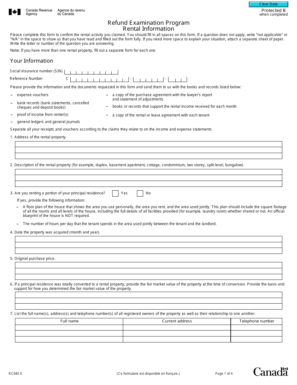 Form RC685 Rental Information - Refund Examination Program - Canada, Page 1