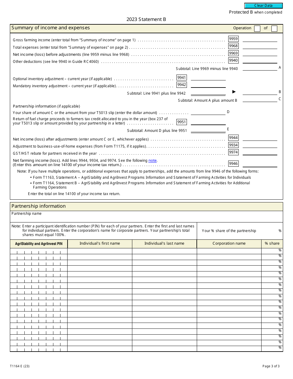 Form T1164 Statement B - Agristability and Agriinvest Programs Information and Statement of Farming Activities for Additional Farming Operations - Canada, Page 3