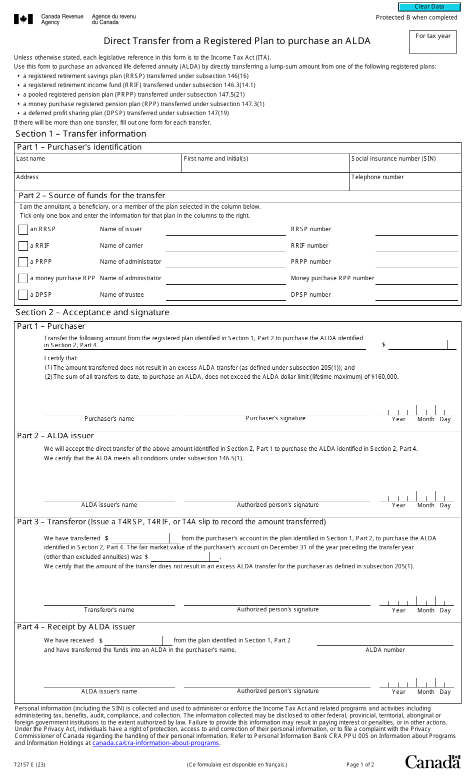 Form T2157 Direct Transfer From a Registered Plan to Purchase an Alda - Canada, Page 1