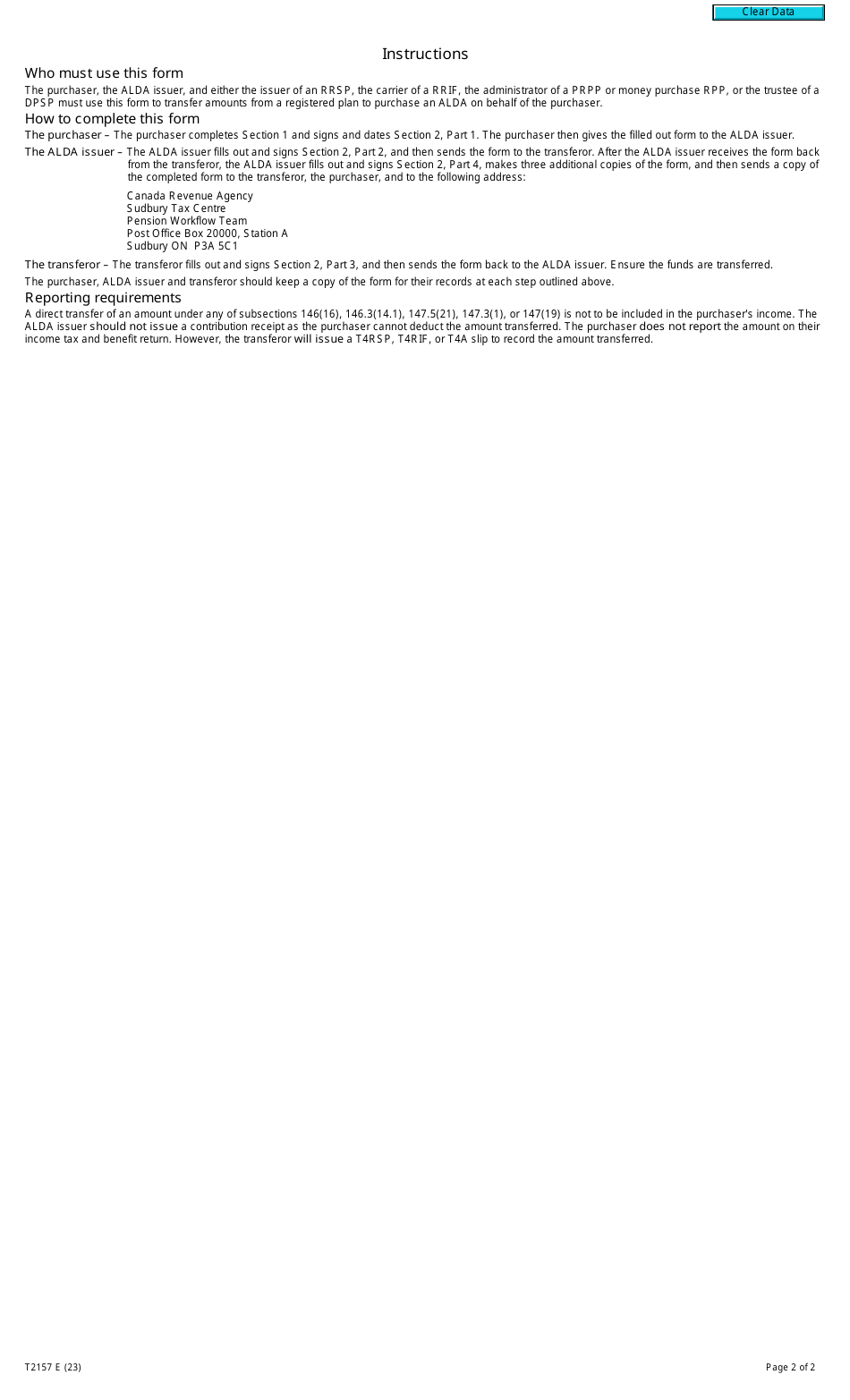 Form T2157 Direct Transfer From a Registered Plan to Purchase an Alda - Canada, Page 2