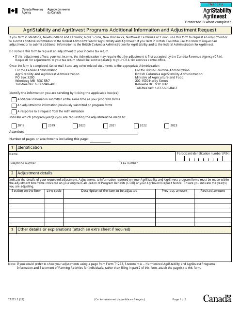 Form T1275 Agristability and Agriinvest Programs Additional Information and Adjustment Request - Canada