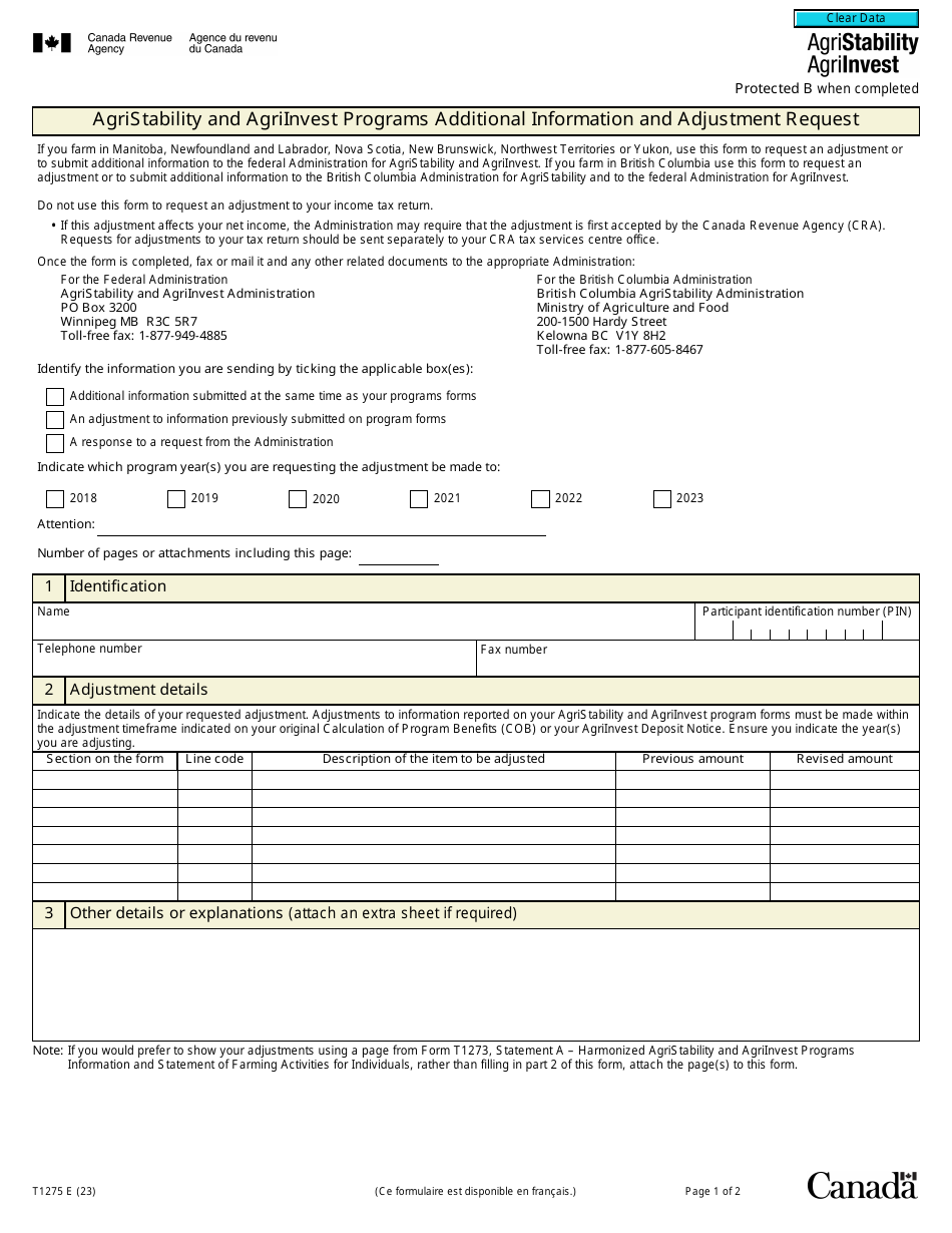 Form T1275 Agristability and Agriinvest Programs Additional Information and Adjustment Request - Canada, Page 1