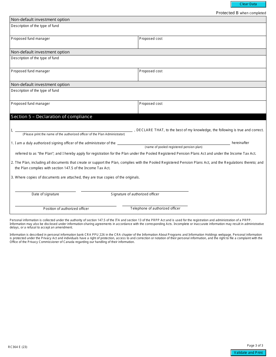 Form RC364 Application to Register a Plan as a Pooled Registered Pension Plan - Canada, Page 3