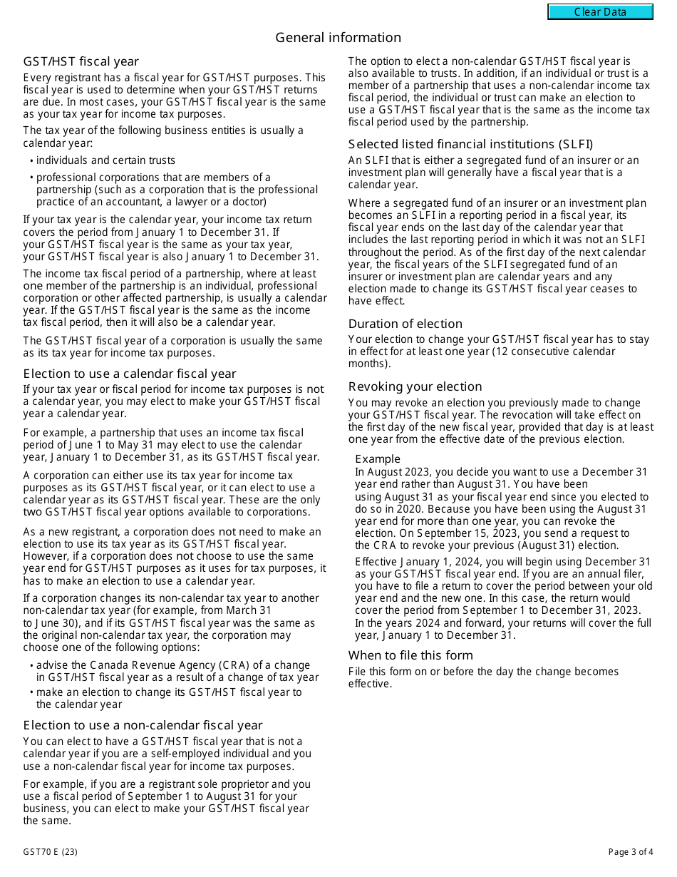 Form GST70 Election or Revocation of an Election to Change a Gst / Hst Fiscal Year - Canada, Page 3