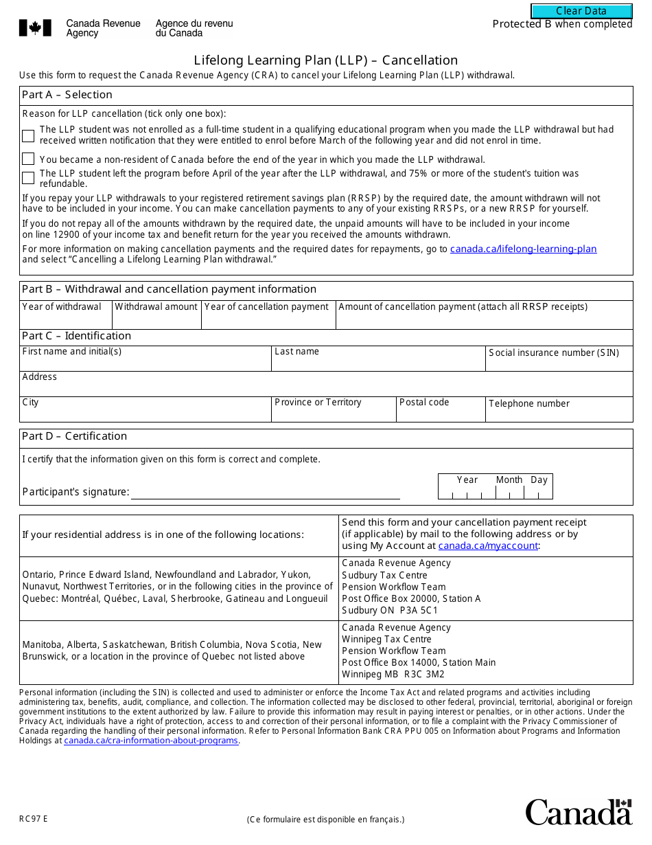 Form RC97 Lifelong Learning Plan (LLP ) - Cancellation - Canada, Page 1