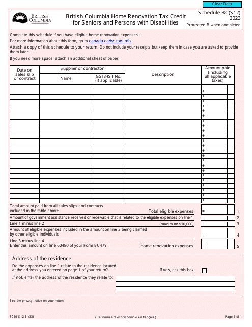 Form 5010-S12 Schedule BC(S12) British Columbia Home Renovation Tax Credit for Seniors and Persons With Disabilities - Canada, 2023