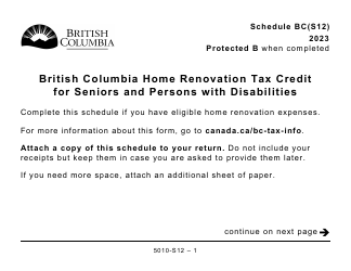 Form 5010-S12 Schedule BC(S12) British Columbia Home Renovation Tax Credit for Seniors and Persons With Disabilities - Large Print - Canada