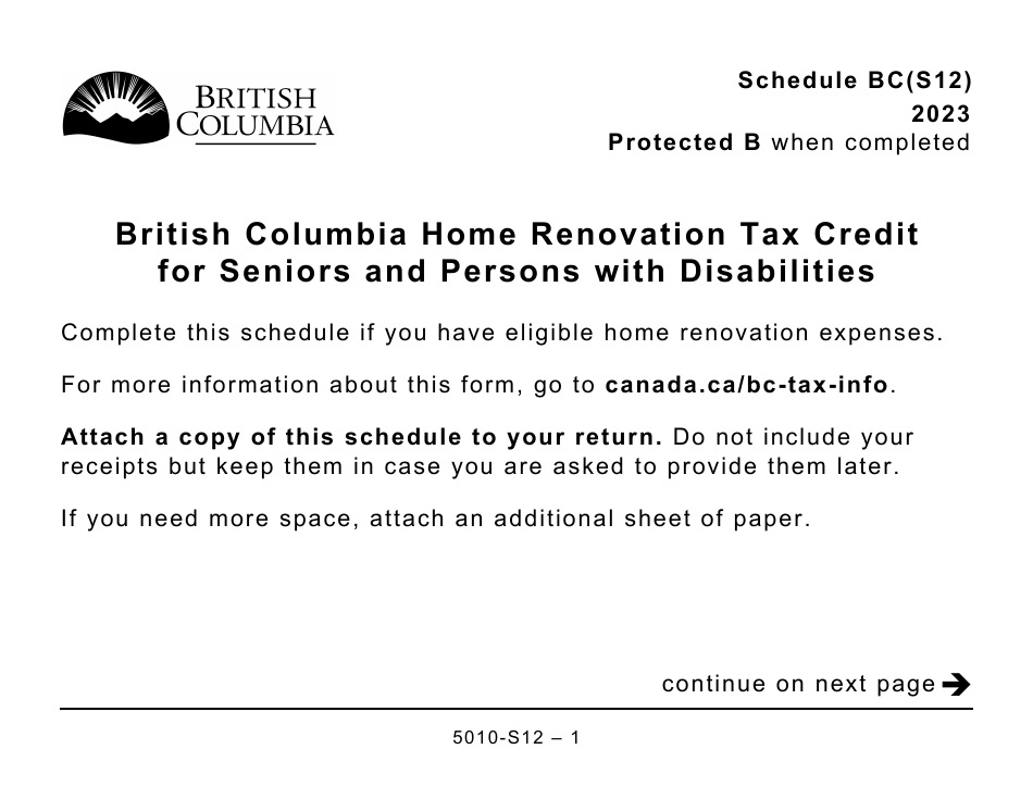 Form 5010-S12 Schedule BC(S12) British Columbia Home Renovation Tax Credit for Seniors and Persons With Disabilities - Large Print - Canada, Page 1